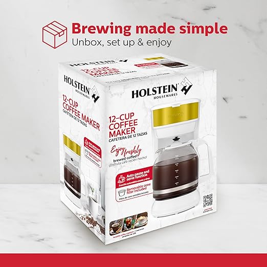 Holstein Housewares 12-Cup Coffee Maker 61oz Drip Coffee Machine with Glass Carafe Auto Pause &amp Serve Compact Design – Ideal for Home Office &amp Travel Coffee Brewing White and Gold
