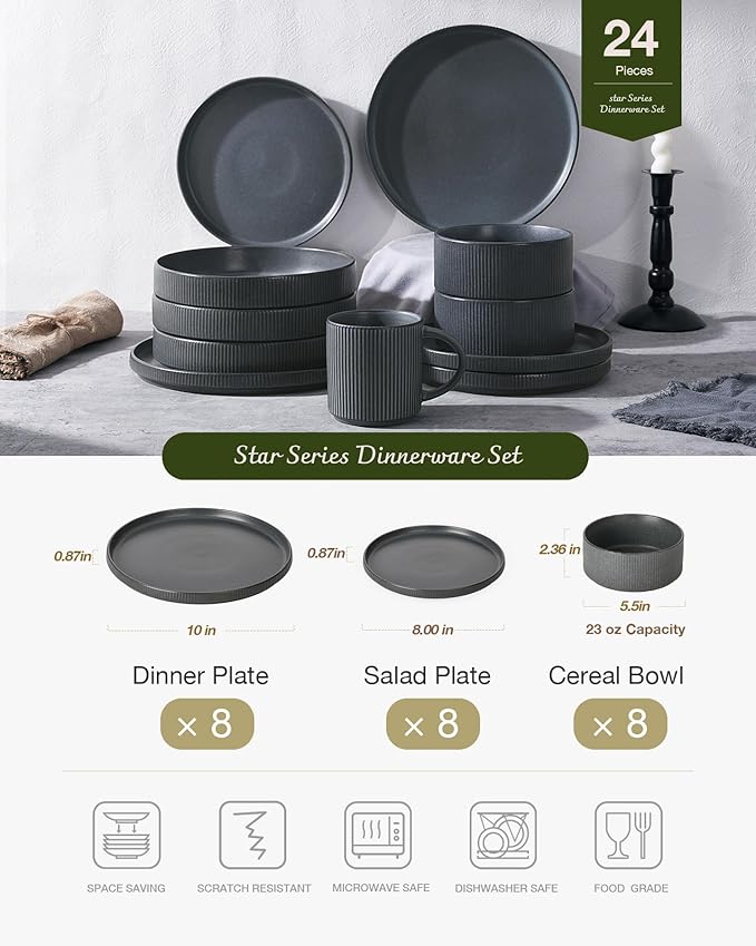 Famiware Star Plates and Bowls Sets Modern Stoneware Dinnerware Sets for 8 24-Piece Kitchen Dish Set - Microwave and Dishwasher Safe Chip and Scratch Resistant Matte Dark Charcoal