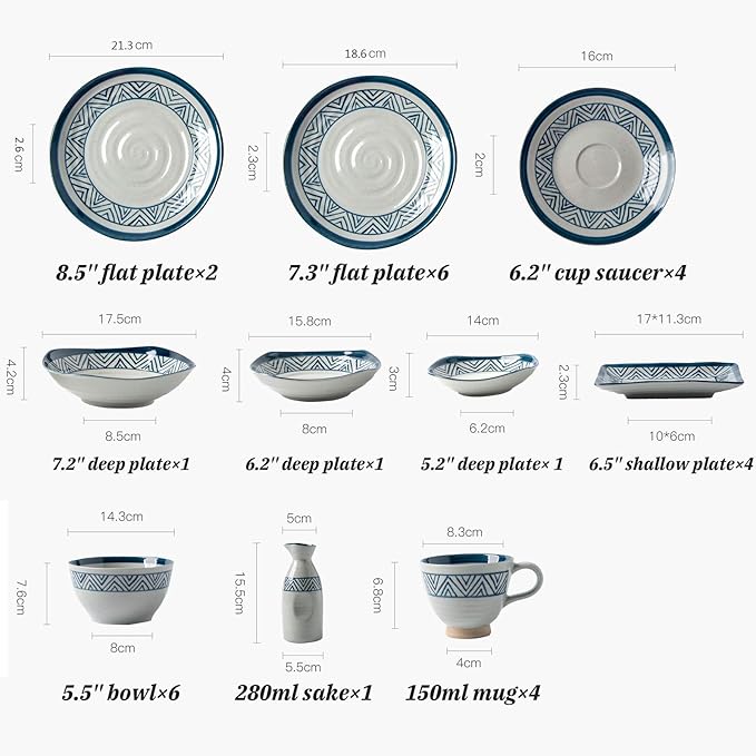 Porcelain Dinnerware Sets28 Pieces Ceramics Dinner Combination Set|Hand Painted Blue and White Lines Cereals Bowls and Steak Plates Sets