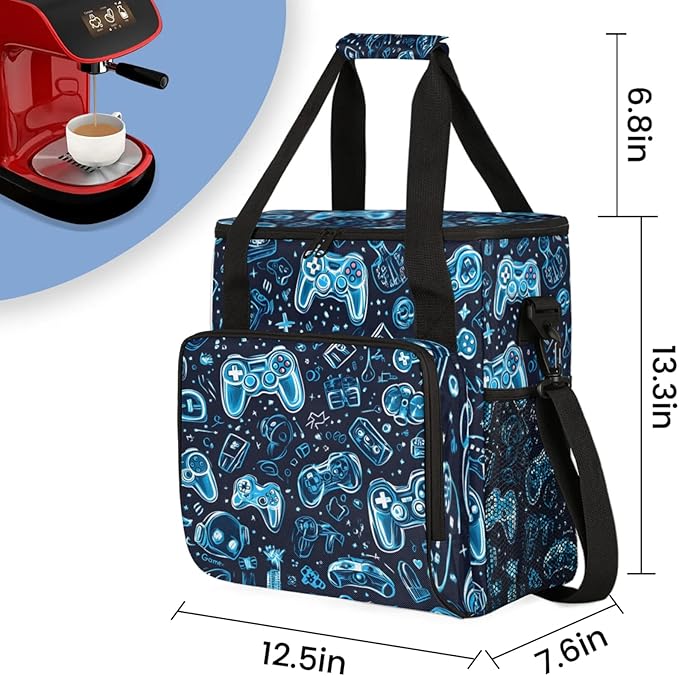 Gaming Controller Print Coffee Maker Travel Bag for Keurig K-Mini/K-Mini Plus Insulated Waterproof Tote with Pockets for K-Cup Portable Single-Serve Brewer Case
