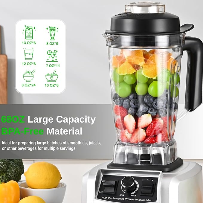 Powerful Blender for Kitchen 1500W 68 Oz Large Capacity Countertop Blender for Smoothie with Stainless Steel Blades BPA Free Frozen Drinks Ice Crush Protein Shakes (Silver)