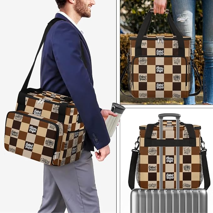 cfpolar Coffee Brown Grid Coffee Maker Carrying Bag Coffees Machine Travel Storage Bag Compatible with K-Mini or K-Mini Plus Portable Single Serve Coffees Brewer Case with Pockets for K-Cup Pods