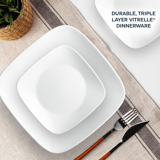 Corelle Vitrelle 18-Piece Service for 6 Square Dinnerware Set Triple Layer Glass and Chip Resistant Lightweight Square Plates and Bowls Set Pure White