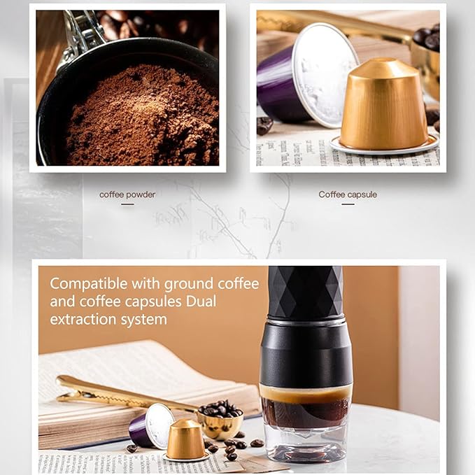Maual Hand Coffee Maker Portable Travel Coffee Machine Compatible Ground Coffee and Coffee Capsule for Camping Hiking Fishing Picnicking(Black)
