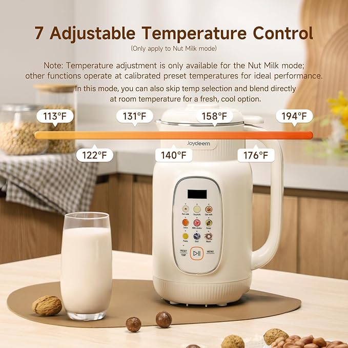 Joydeem Nut Milk Maker MachineAdjustable Temperature Control 46oz Almond Soy Oat Coconut Plant-Based Non-Dairy Beverage Blender with 10 Blades Auto Clean Boil Water Timer Keep Warm White