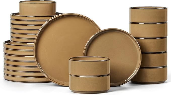 LIANYU 24 Piece Stoneware Dinnerware Sets Modern Plates and Bowls Dishes Set for 8 Elegant Dinning Dishware for Dinner Salad Cereal Dishwasher &amp Microwave Safe Amber Gold