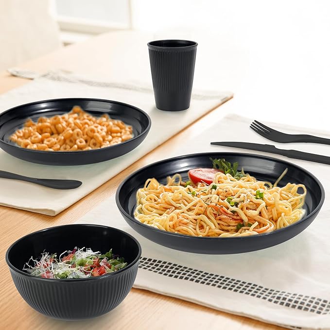 LAERJIN 56 Piece Wheat Straw Dinnerware SetsUnbreakable Reusable Dinnerware SetDishwasher &amp Microwave Safe Plates and Bowls Sets for Apartment Essentials Outdoor Camping Black