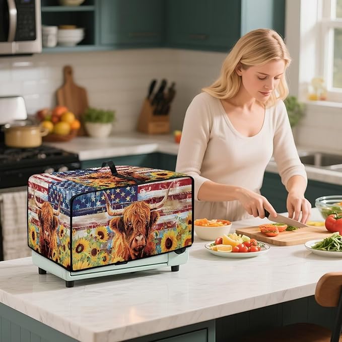Doojoayie Highland Cow Toaster Cover 8 Slice Bread Making Machine Dust Protector Dust-proof Appliance Covers for Toaster/Small Appliance/Air Fryer American Flag Print