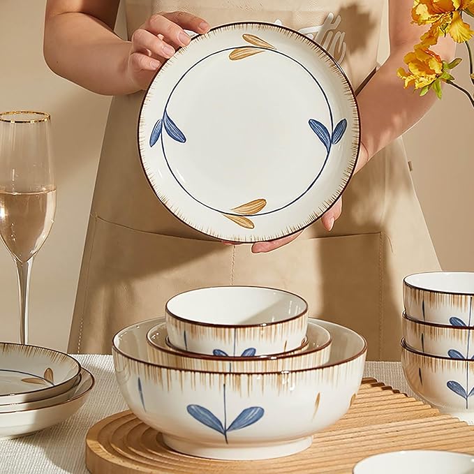 63 Pieces Dish Plates and Bowls Sets Literary Retro Style Dinner Set Thick and Anti-Scald Dish Sets Easy to Clean Dinnerware Sets Easy to Heat Microwave and Oven Safe Service for 12 People