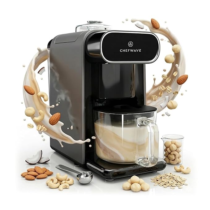 ChefWave Milkmade Non-Dairy Milk Maker 6 Plant-Based Programs Auto-Clean Almond Oat Soy Cashew Coconut Macadamia 1000W (Silver/Black)