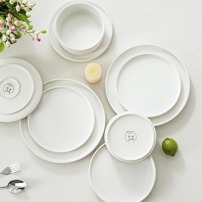 Plates and Bowls Sets 12 Piece Ceramic Dinnerware Set for Family and Gatherings Dishes Set for 4 Dishwasher &amp Microwave Safe Handcrafted Stoneware Sets Modern White
