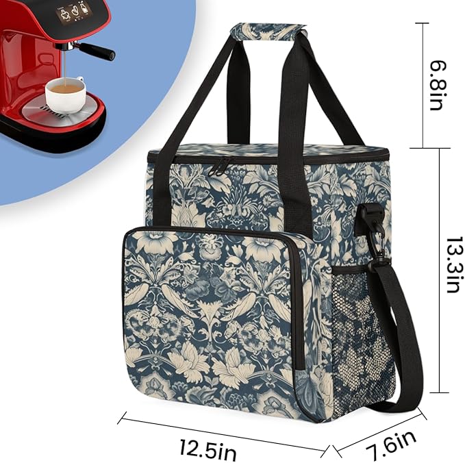 Ethnic Artistic Grunge Coffee Maker Carrying Bag Flowers Travel Storage Bag Compatible with K-Mini or K-Mini Plus Single Serve Coffee Brewer Carrying Case with Multiple Pockets &amp Shoulder Strap