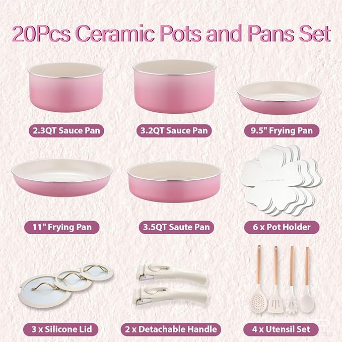20pcs Ceramic Cookware Set Nonstick Detachable Handle Pots and Pans Set Non ToxicNo PFAS &amp PTFE &amp PFOA Dishwasher/Oven Safe RV Kitchen Set Removable Handle for Cooking Pink