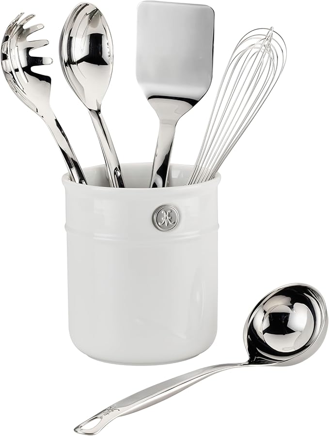 Hestan Provisions Chef's Tools Deluxe Tool Set (6-Piece) with Porcelain Holder/Bain Marie &amp Stainless Steel: Solid Spoon Ladle Pasta Fork Turner/Spatula French Whisk