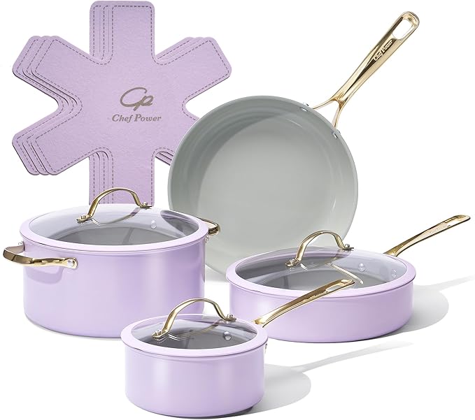 Chef Power Ceramic Cookware Sets 10Pcs Pots and Pans Set Non Stick Cookware Set with Stainless Steel Handle Dishwasher &amp Oven Safe Light Purple and Granite Grey
