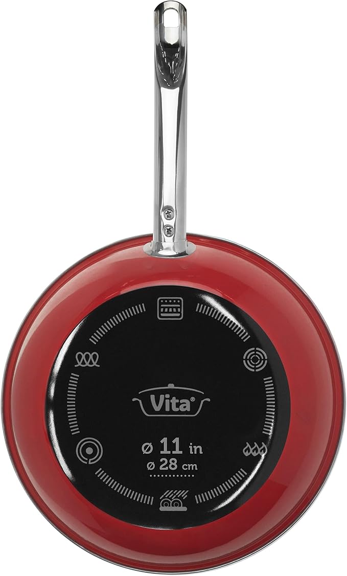 VITA 4-Piece Skillet Set with Lids Enamel on Steel Red Dishwasher &amp Oven Safe up to 350? Quick &amp Even Heat Distribution Non Stick Scratch Resistant High Gloss