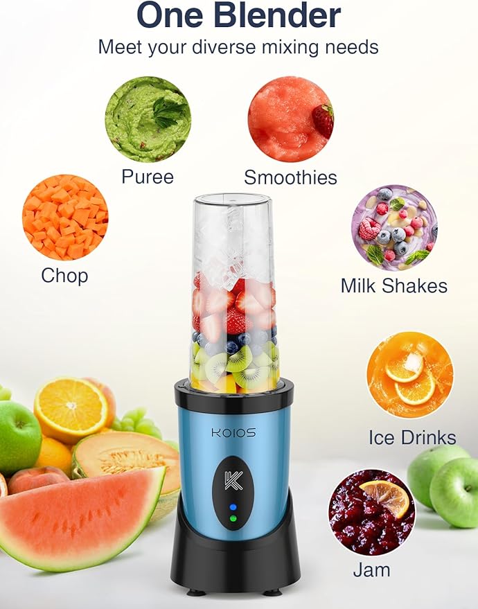 KOIOS Blender for Smoothies Peak 900W Personal Blender for Kitchen Shakes and Smoothies with 2×22oz Portable Cups and To-Go Lids Detachable 4-Leaf Stainless Steel Blade Nutrition Recipe Blue