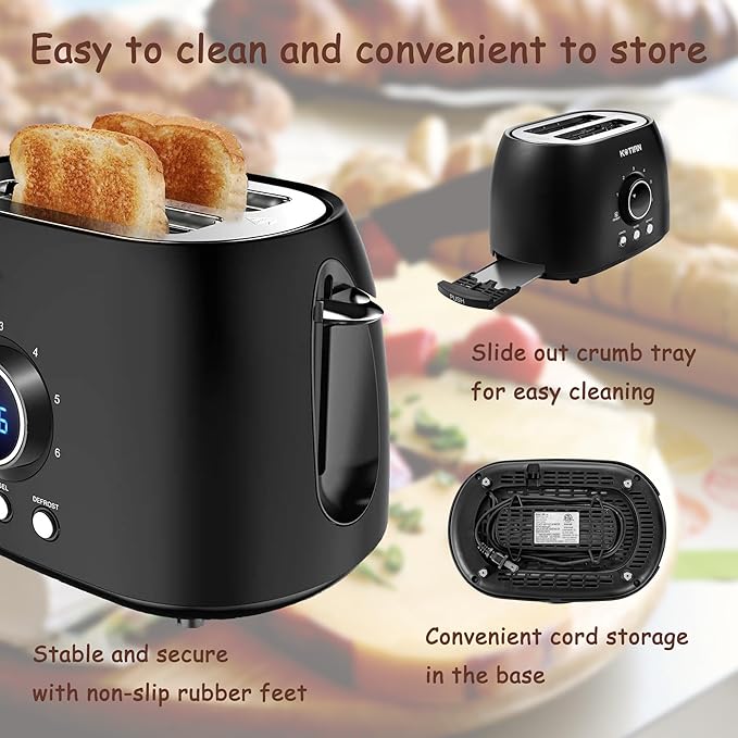 Toaster 2 SliceKOTIAN Retro Toaster1.5 Extra Wide SlotStainless Steel Toasters BagelDefrostReheatCancel Function 6 Toast Settings Digital TimerRemovable TrayMatte Black