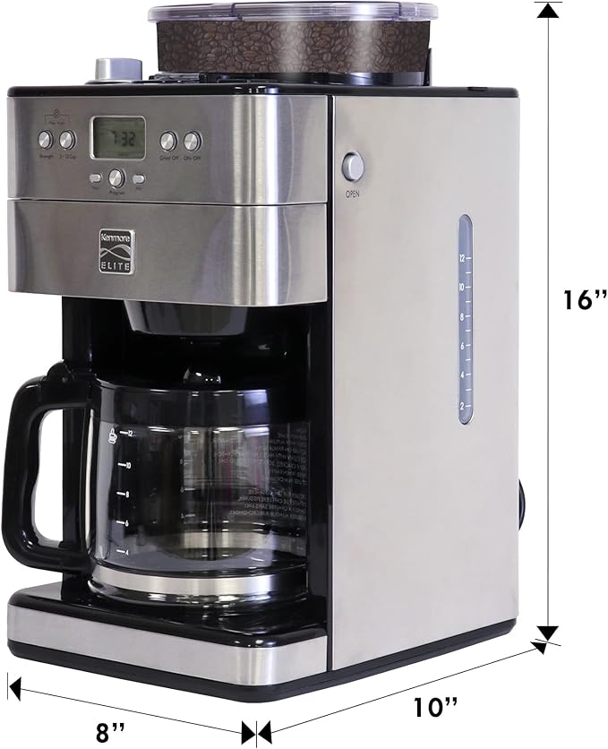 Kenmore Elite Grind and Brew Coffee Maker with Built‑In Burr Grinder Automatic Drip Machine 12‑Cup Programmable Brewer Bean‑to‑Cup Cafetera Stainless Steel Coffee Maker for Home &amp Office