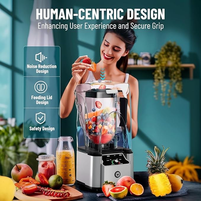 Commercial Professional Blender With Shield Quiet Sound Enclosure 2200W Industries Strong and Quiet Professional-Grade Power Self-Cleaning Silver