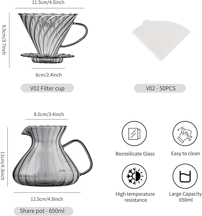 Bincoo Pour Over Coffee Maker Set650ML Borosilicate Glass Carafe with Coffee Driper&amp50pcs Paper FilterGlass Coffee Maker for Home Café Restaurant(Gray)