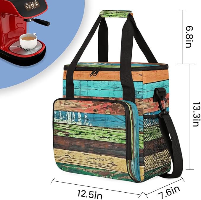 Retro Rustic Wooden Texture Coffee Maker Carrying Bag Travel Storage Bag Compatible with K-Mini or K-Mini Plus Single Serve Coffee Brewer Carrying Case with Multiple Pockets &amp Shoulder Strap