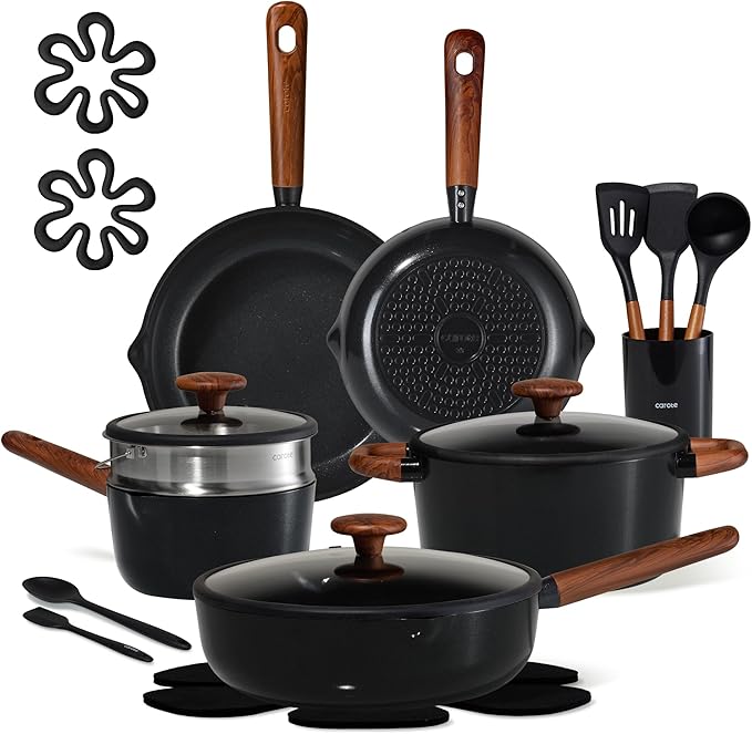 CAROTE 21pcs Cookware Set Nonstick Pots and Pans Set Ceramic Cookware Set Induction Cookware Non toxic Healthy Non Stick Kitchen Cooking Set PFAS PTFE Free Black