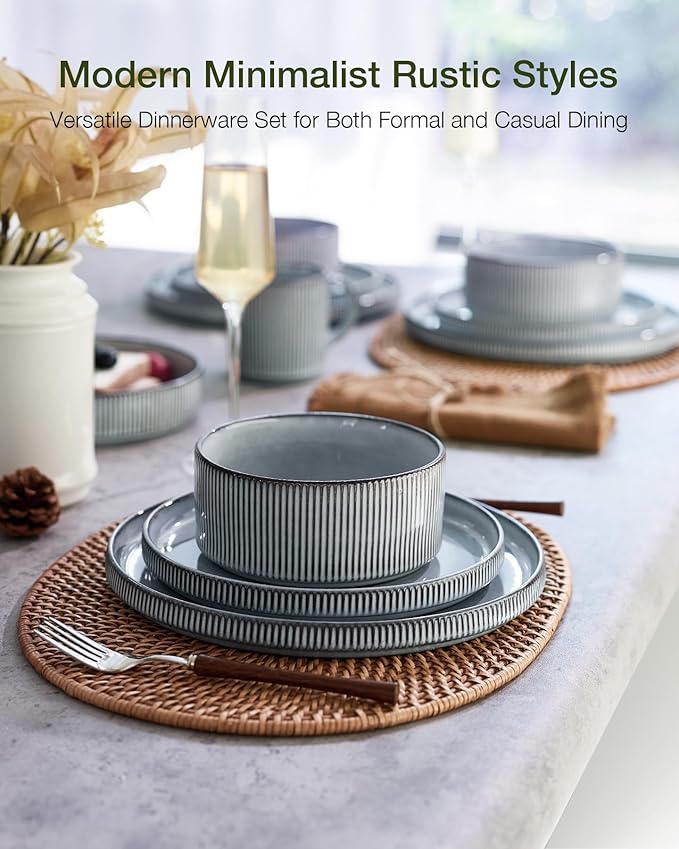 famiware Star Plates and Bowls Sets Modern Stoneware Dinnerware Sets for 6 18-Piece Kitchen Dish Set - Chip and Scratch Resistant Microwave and Dishwasher Safe Tableware Smoky Blue
