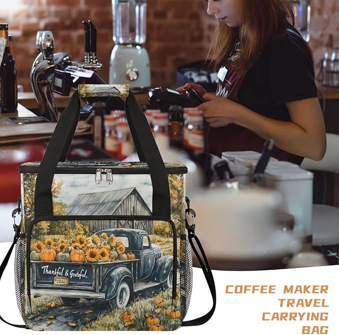 Wooden House Pumpkin Sunflower Truck Coffee Maker Carring Bag Travel Carrying Storage Tote Bag Compatible with Keurig K-Mini or K-Mini Plus Portable Single Serve Coffee Brewer Case with Pockets