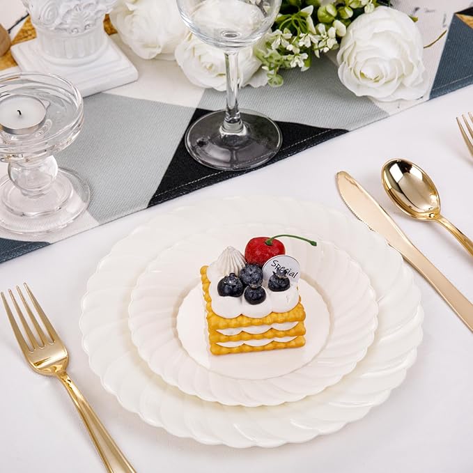 U-QE 100 Piece Ivory Scalloped Plastic Plates for Party - Plastic Plates Disposable Heavy Duty - High End Disposable Plates for Wedding Including 50PCS 9 '' Dinner Plates &amp 50PCS 6.5 '' Dessert Pl