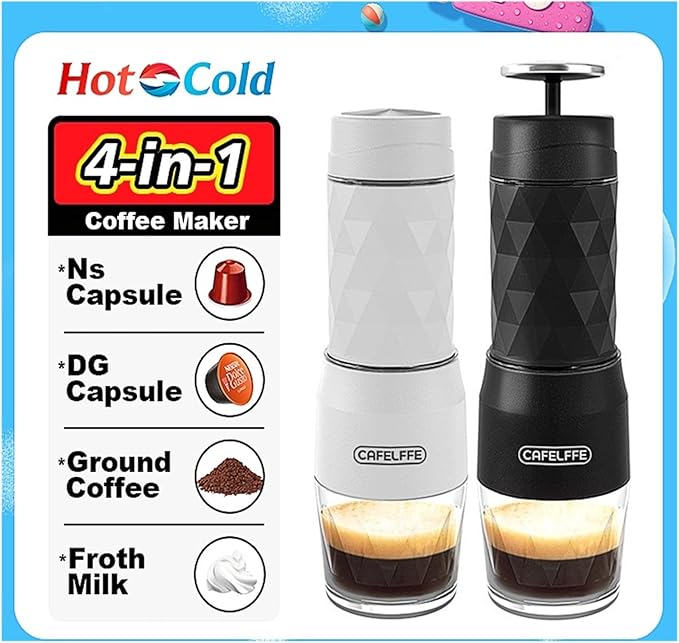 3 In1 Portable Coffee Machine Hot/Cold Water Manual Espresso Maker For Capsule &amp Ground Hand Press Brewer Hiking Travel(White)