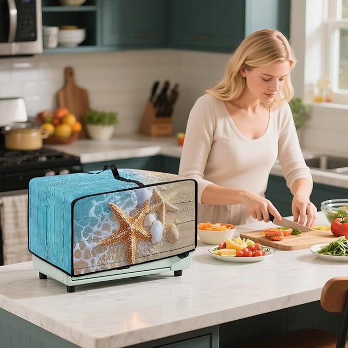 Doojoayie Starfish Toaster Oven Cover Coffee Print 8 Slice Bread Machine Dust Protector Universal Fit Dust-proof &amp Stain Resistant Covers for Kitchen Appliance Protection