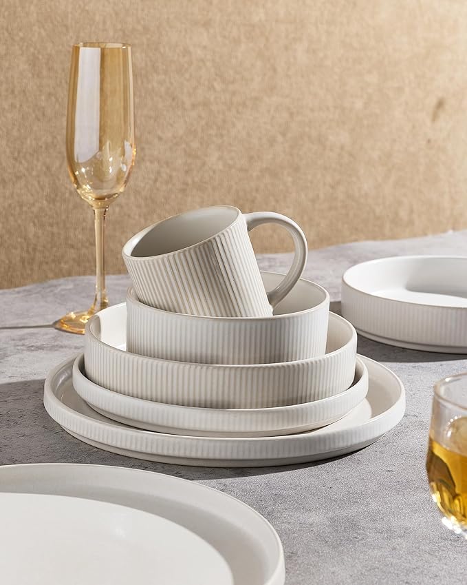 Famiware Star Dinnerware Set with Pasta Bowls Service for 4 (16pcs) Ribbed Stoneware Plates and Double Bowls Dishes Sets - Chip &amp Scratch Resistant Microwave &amp Dishwasher Safe Matte White