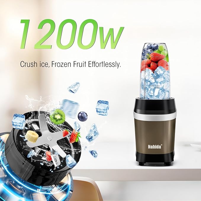 Nahida Blender for Smoothies 1200W Smoothie Blender for Ices Crushing Blenders with (2) 6-Fin Blades Personal Blenders for Kitchen with 23oz 32oz 37oz Easy Go Cups for Juices 1200W Brown