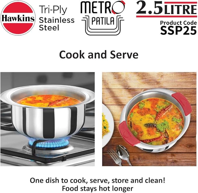 HAWKINS Tri-Ply Stainless Steel Induction Compatible Metro Patila 2.5 Litre (SSP25) Silver