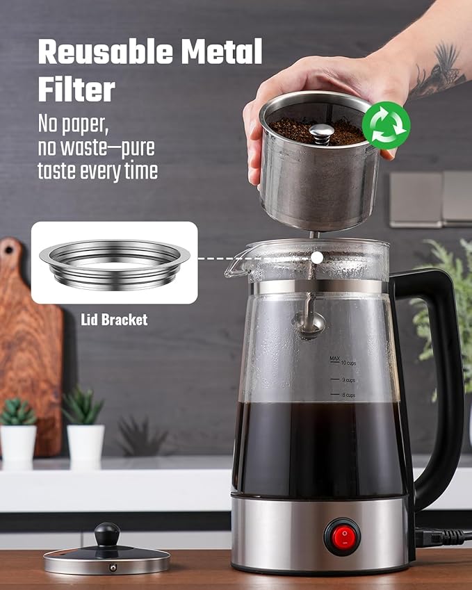 Percolator Coffee Pot Electric Coffee Maker 10-Cup Coffee Percolator with Auto Keep Warm Stainless Steel Basket Borosilicate Glass Cool-Touch Handle