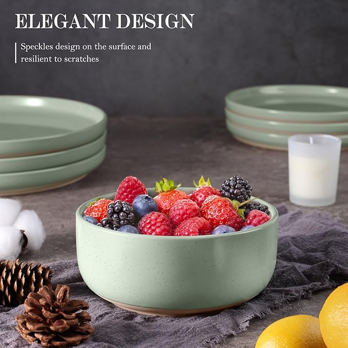 Vesteel 12-Piece Dinnerware set Ceramic Plates and Bowls set for 4 Speckled Stoneware Dishes Set for Family Microwave &amp Dishwasher Safe - Light Green