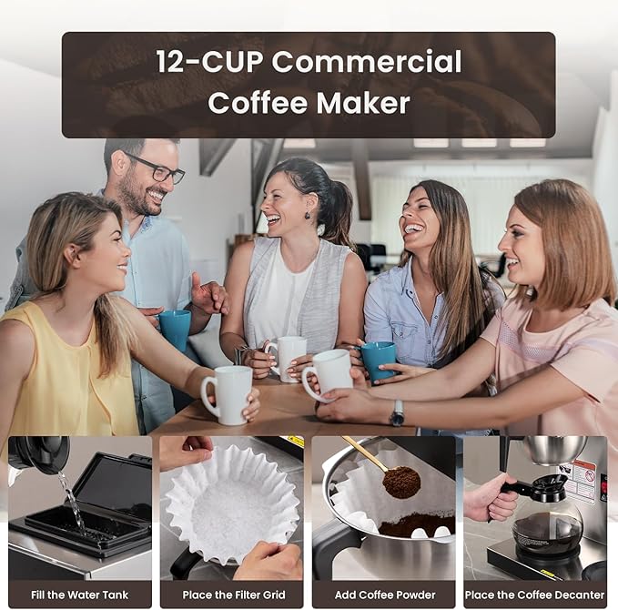 SYBO 12-Cup Commercial Coffee Maker Pour Over Drip Coffee Maker Brewer with 3 Lower Warmers and 3 Glass Decanters Stainless Steel Cafetera