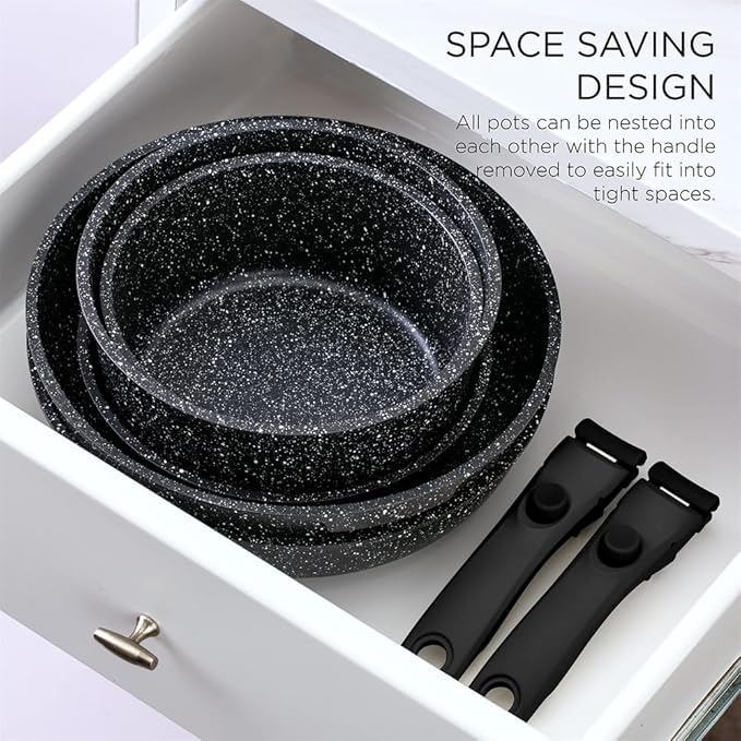 13 Piece Kitchen Black Pots and Pans Set Safe Nonstick Kitchen Cookware with Removable Handle Cookware Set Oven SafeA13Pcs