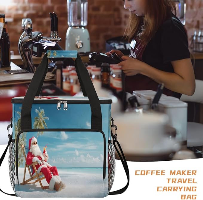 Merry Christmas Funny Santa Claus Beach Coffee Maker Carring Bag Travel Carrying Storage Tote Bag Compatible with Keurig K-Mini or K-Mini Plus Portable Single Serve Coffee Brewer Case with Pockets