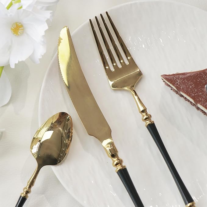 Black and Gold Silverware Set for 6 Modern 30 Piece Flatware Cutlery Elegant Utensils Sets Durable 18/10 Stainless Steel Tableware Set for Home Kitchen Wedding Mirror Polished