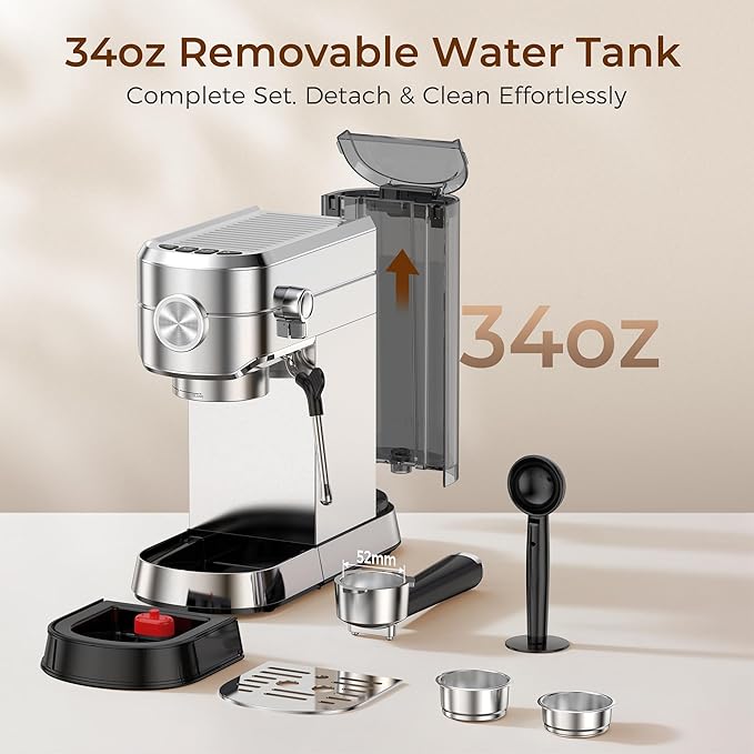 Kndko Espresso Machine 20 Bar Espresso Maker with Milk Frother Compact Stainless Steel Coffee Machine with 34oz Removable Water Tank for Cappuccino Latte