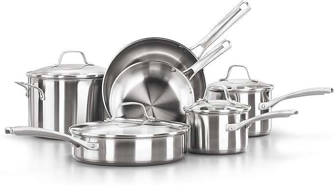 Calphalon Classic Stainless Steel Cookware Set 10-Piece Impact-Bonded Aluminum Base Stay-Cool Handles Oven Safe 450F Silver