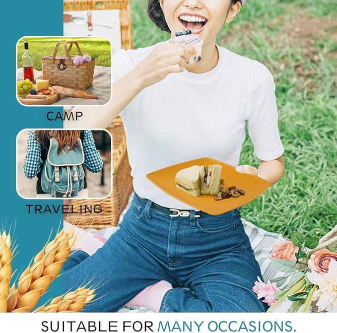 Teivio 48-piece Kitchen Plastic Wheat Straw Square Dinnerware Set for 12 Unbreakable Dinner Plates Salad Plates Snack Bowls Tumblers 13.5 oz Dishwasher Safe Autumn Multicolor
