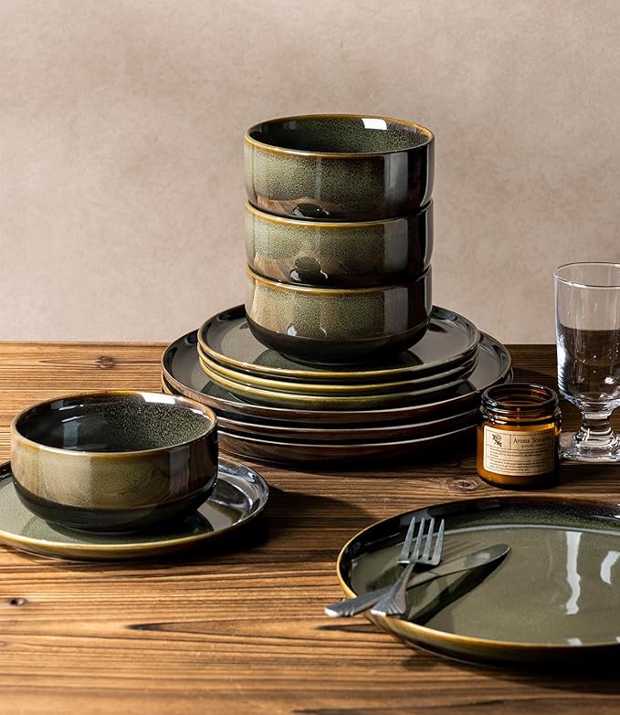 TheTerra Ceramic Dinnerware Sets for 8 24 Pieces Handmade Reactive Glaze Plates and Bowls Set Scratch Resistant Dish Set Oven &amp Microwave &amp Dishwasher Safe Olive Green