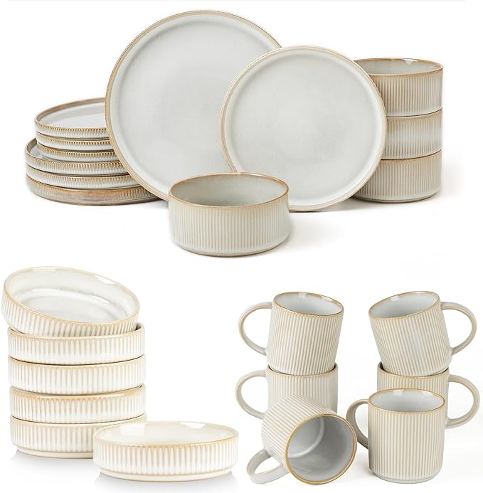 Famiware Dinnerware Set for 4 (12 Piece) and Coffee Mug Set for 6 (12 oz) - Cappuccino White