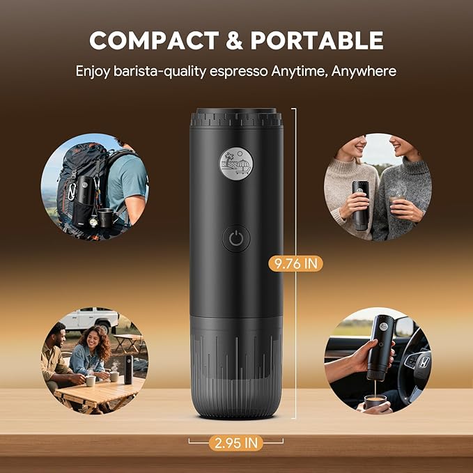 Portable 2-in-1 Coffee Maker Portable 20 Bar Espresso Machine with Automatic Heating Compatible with NS and Ground Coffee for Camping Hiking Travel and Home (Black)