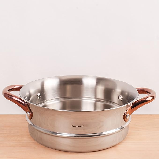 BergHOFF Ouro Gold 3Pc 18/10 Stainless Steel Steamer Set With Glass Lids Rose Gold Handle PFOA-free Induction Cooktop Ready Even Heat