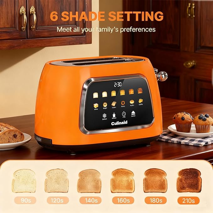 Toaster 2 Slice Smart Touch Screen Retro 1.5'' Extra Wide Slot Stainless Steel Digital Bread Toaster with Memory Function Bagel Defrost 6 Browning Level and Removable Crumb Tray Orange