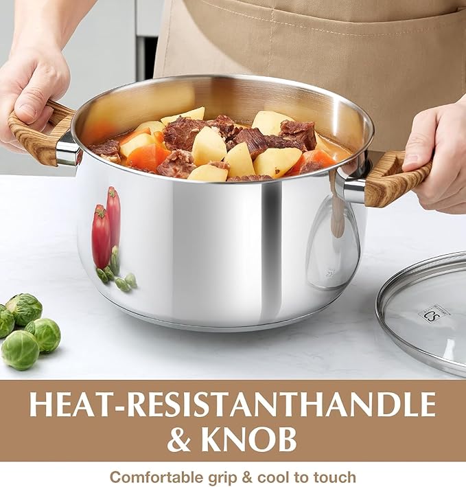 KOCH SYSTEME CS Stainless Steel Coowkare Set 10PCS Professional 18/10 Stainless Steel Pots and Pans Set with Cool-Touch Handles Tri-ply Base Kitchen Cookware Sets Cooking Set Induction Compatible